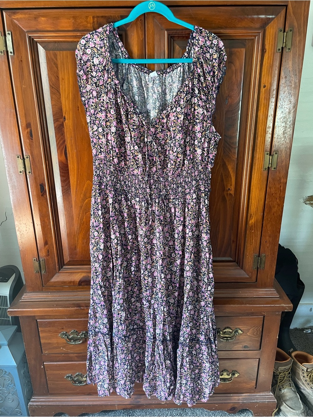 Old Navy Pink & Black Floral Smocked Midi Dress